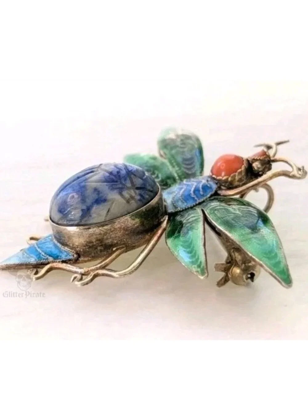 Antique Art Deco Plique-à-Jour Silver Gilt Lapis & Coral Scarab Beetle Brooch
